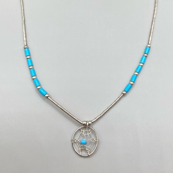 Vintage Liquid Silver Blue Bead Dreamcatcher Necklace - Picture 1 of 5